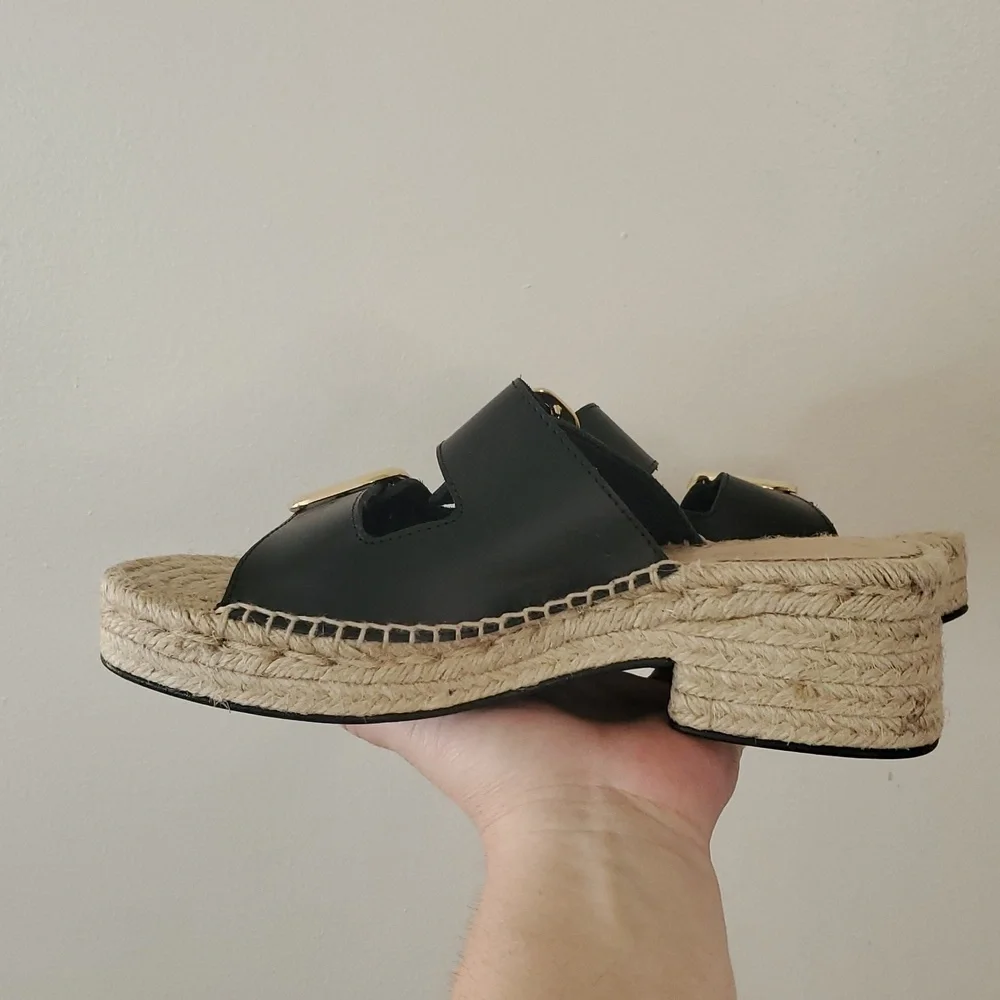 J. Crew Black Leather Block Heel Espadrille Sandals Size 8 Gold Buckle Womens